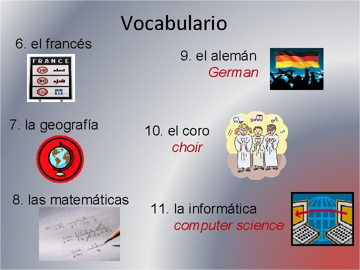 6. el francés Vocabulario 7. la geografía 8. las matemáticas 9. el alemán German 6. el francés Vocabulario 7. la geografía 8. las matemáticas 9. el alemán German