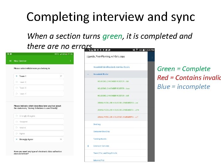 Completing interview and sync When a section turns green, it is completed and there