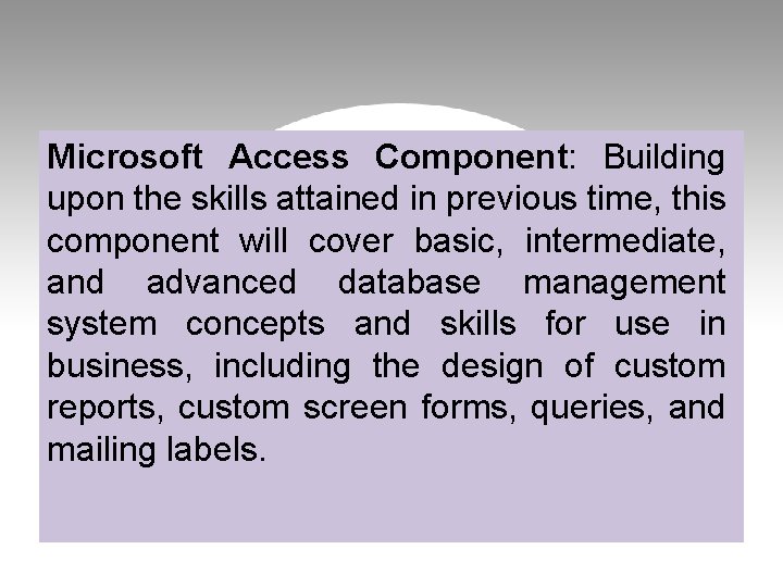 Microsoft Access Component: Building upon the skills attained in previous time, this component will