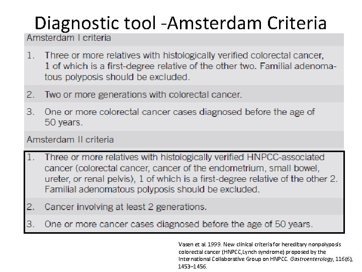 Diagnostic tool -Amsterdam Criteria Vasen et al. 1999. New clinical criteria for hereditary nonpolyposis