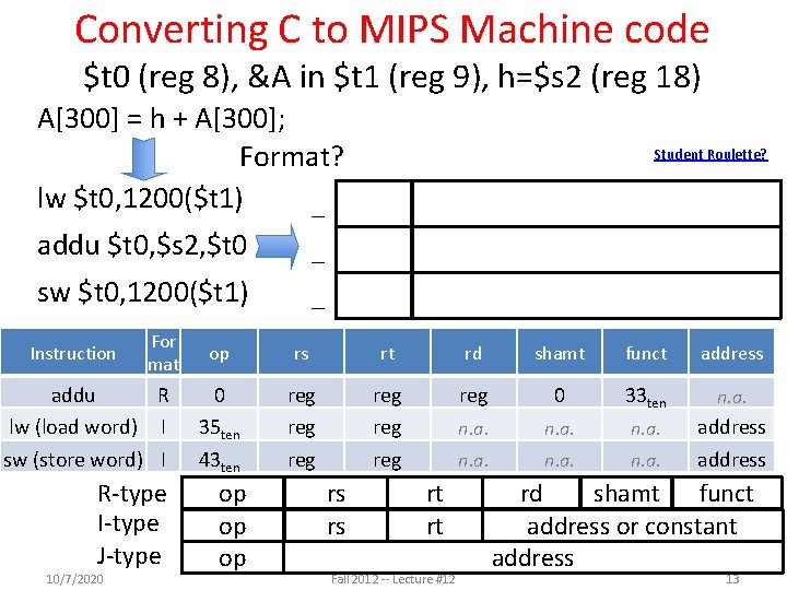 Converting C to MIPS Machine code $t 0 (reg 8), &A in $t 1