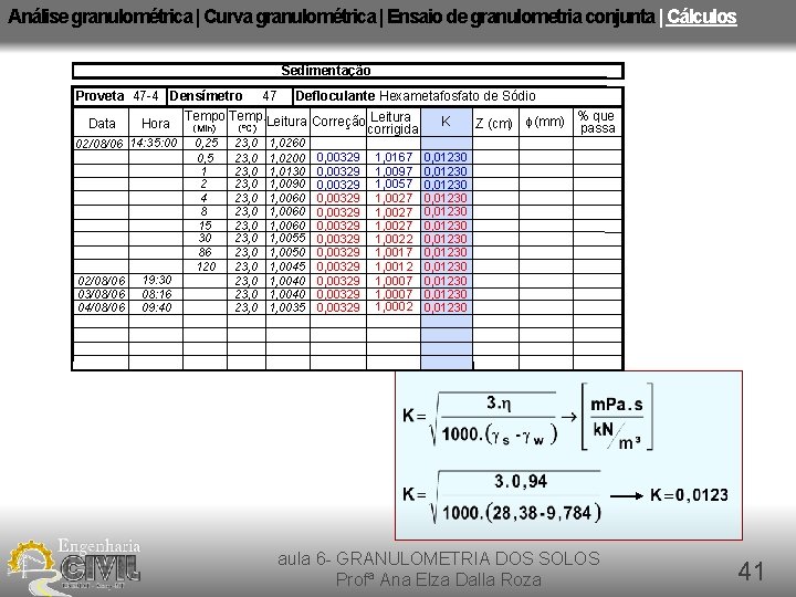 Análise granulométrica | Curva granulométrica | Ensaio de granulometria conjunta | Cálculos Sedimentação Proveta