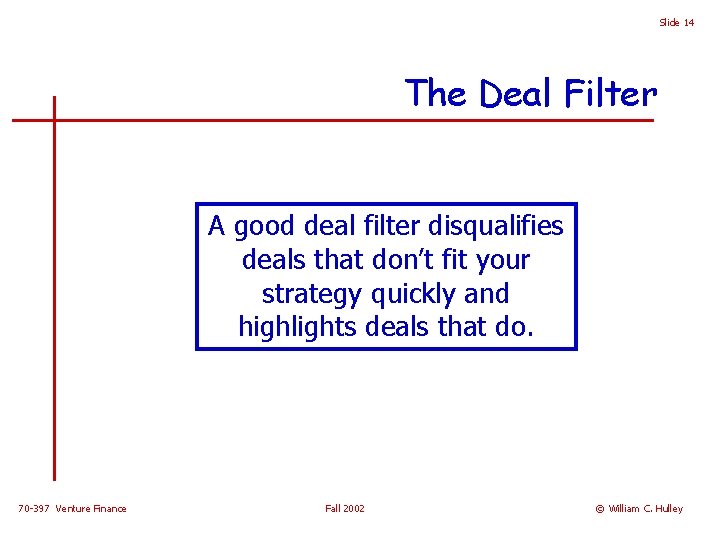 Slide 14 The Deal Filter A good deal filter disqualifies deals that don’t fit
