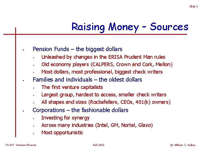 Slide 5 Raising Money – Sources • Pension Funds – the biggest dollars •