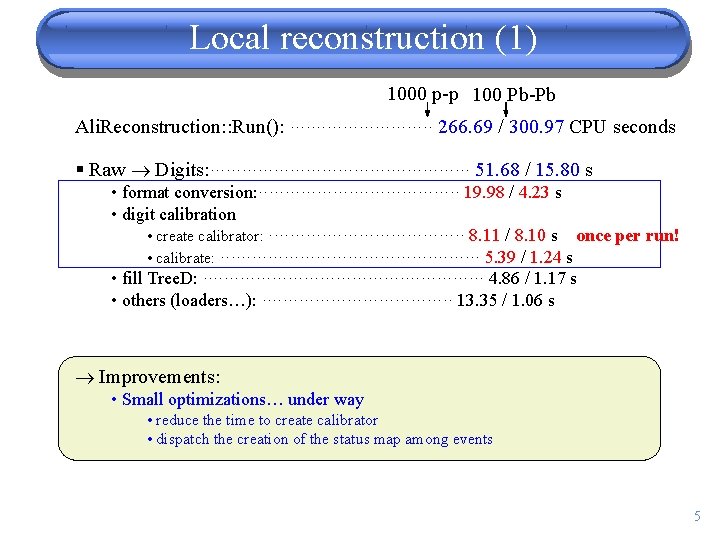 Local reconstruction (1) 1000 p-p 100 Pb-Pb Ali. Reconstruction: : Run(): ·············· 266. 69