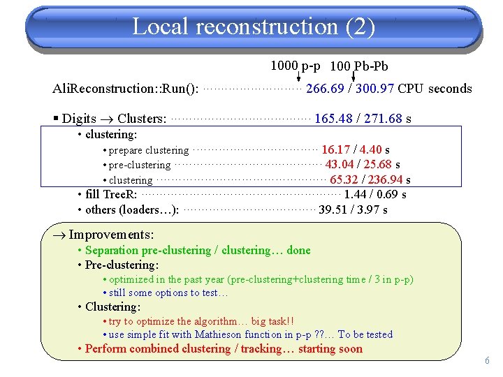 Local reconstruction (2) 1000 p-p 100 Pb-Pb Ali. Reconstruction: : Run(): ·············· 266. 69