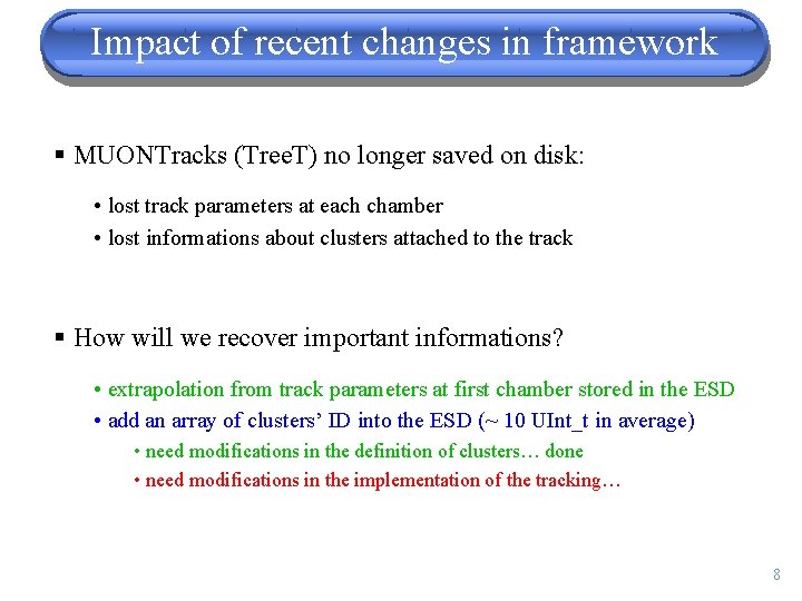 Impact of recent changes in framework § MUONTracks (Tree. T) no longer saved on