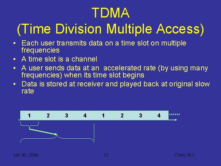 TDMA (Time Division Multiple Access) • Each user transmits data on a time slot