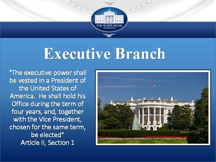 Executive Branch “The executive power shall be vested in a President of the United