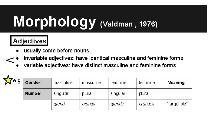 Morphology (Valdman , 1976) Adjectives ● usually come before nouns ● invariable adjectives: have