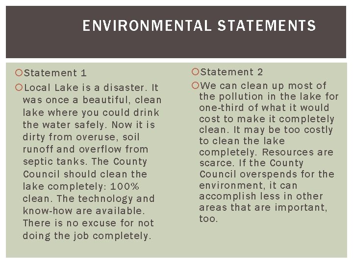 ENVIRONMENTAL STATEMENTS Statement 1 Local Lake is a disaster. It was once a beautiful,