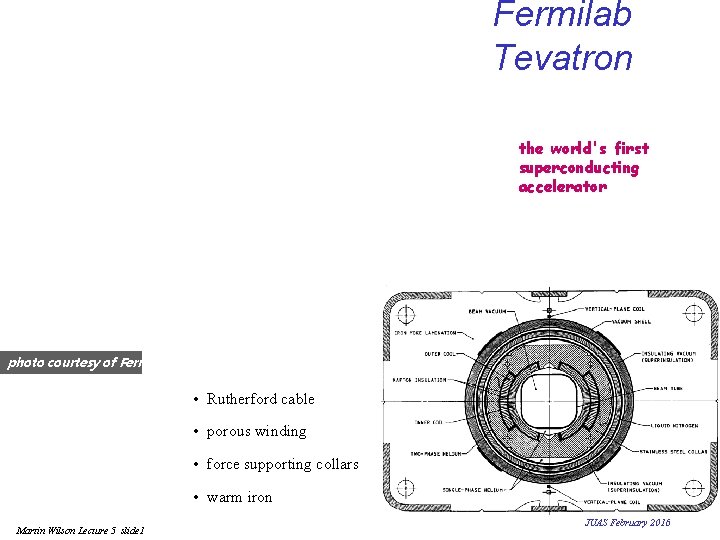 Fermilab Tevatron the world's first superconducting accelerator photo courtesy of Fermilab • Rutherford cable Fermilab Tevatron the world's first superconducting accelerator photo courtesy of Fermilab • Rutherford cable