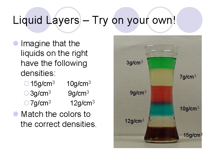 Liquid Layers – Try on your own! l Imagine that the liquids on the