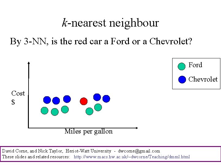 k-nearest neighbour By 3 -NN, is the red car a Ford or a Chevrolet?