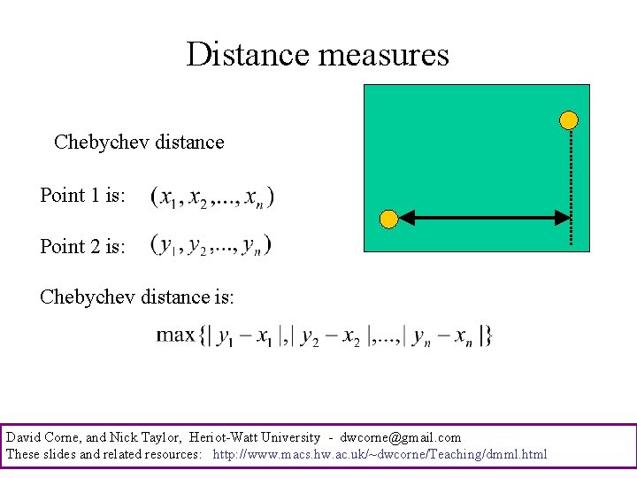 Distance measures Chebychev distance Point 1 is: Point 2 is: Chebychev distance is: David