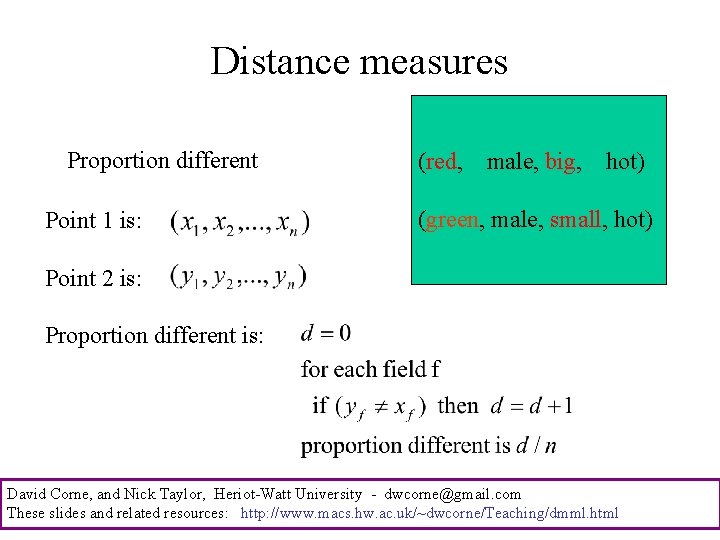 Distance measures Proportion different Point 1 is: (red, male, big, hot) (green, male, small,