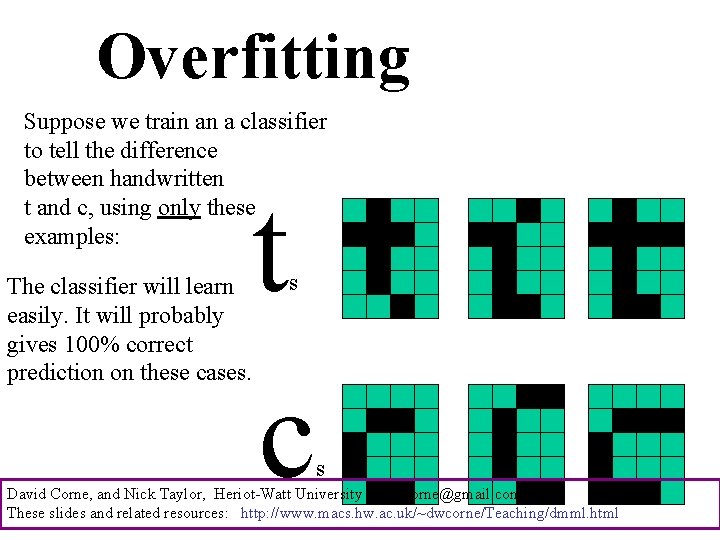 Overfitting Suppose we train an a classifier to tell the difference between handwritten t