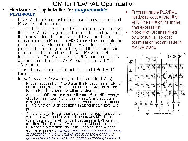  • QM for PLA/PAL Optimization Hardware cost optimization for programmable PLAs/PALs: • –