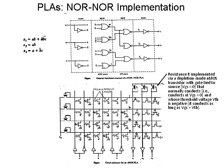 PLAs: NOR-NOR Implementation Resistance R implemented via a depletion-mode n. MOS transistor with gate