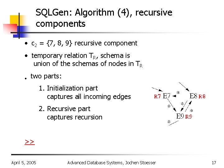 SQLGen: Algorithm (4), recursive components • c 2 = {7, 8, 9} recursive component