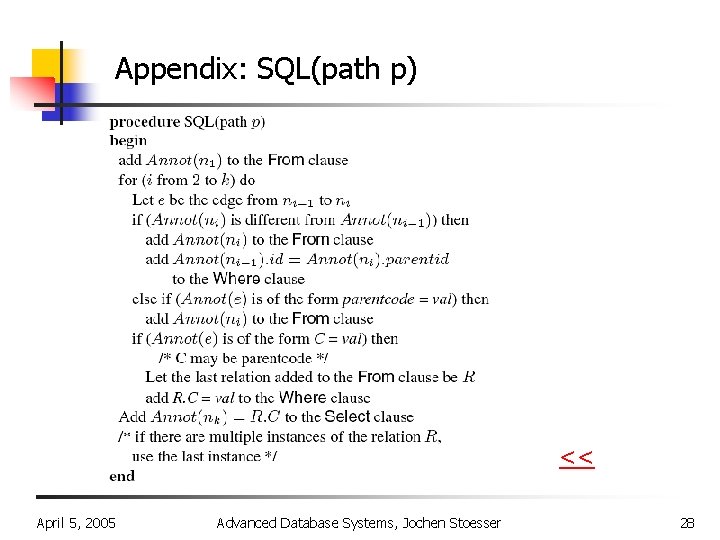 Appendix: SQL(path p) << April 5, 2005 Advanced Database Systems, Jochen Stoesser 28 