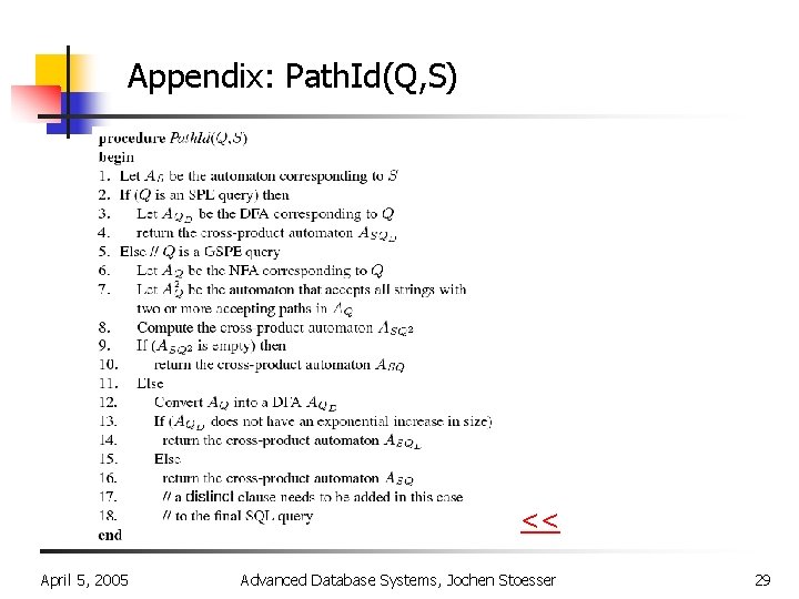 Appendix: Path. Id(Q, S) << April 5, 2005 Advanced Database Systems, Jochen Stoesser 29