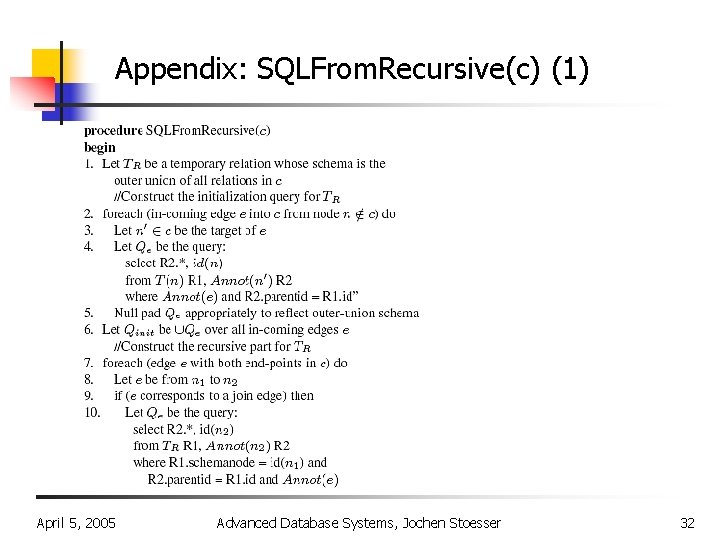 Appendix: SQLFrom. Recursive(c) (1) April 5, 2005 Advanced Database Systems, Jochen Stoesser 32 