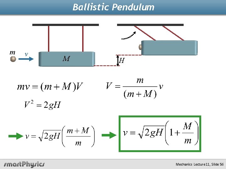 Ballistic Pendulum m v M H Mechanics Lecture 11, Slide 56 