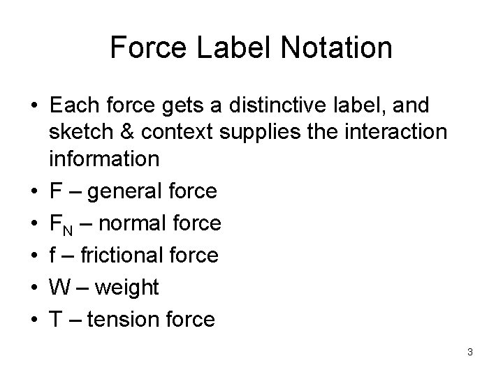 Force Label Notation • Each force gets a distinctive label, and sketch & context