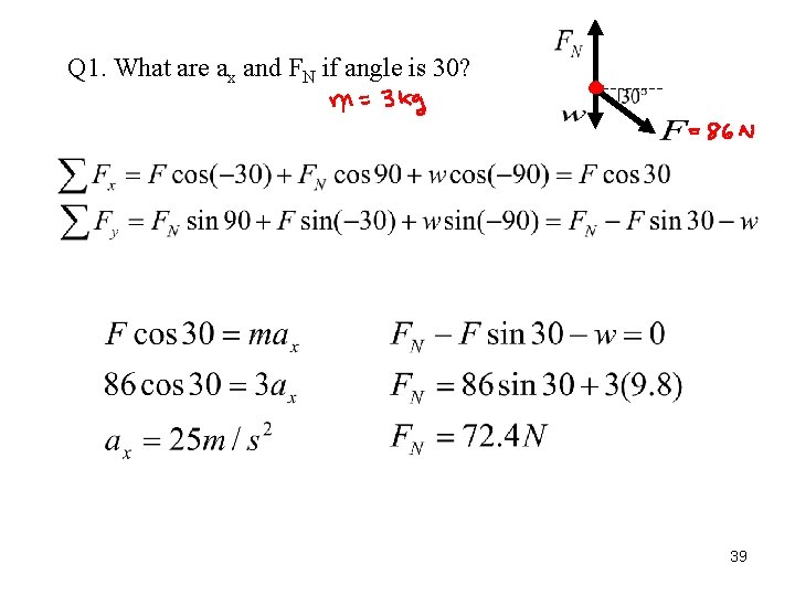 Q 1. What are ax and FN if angle is 30? 39 