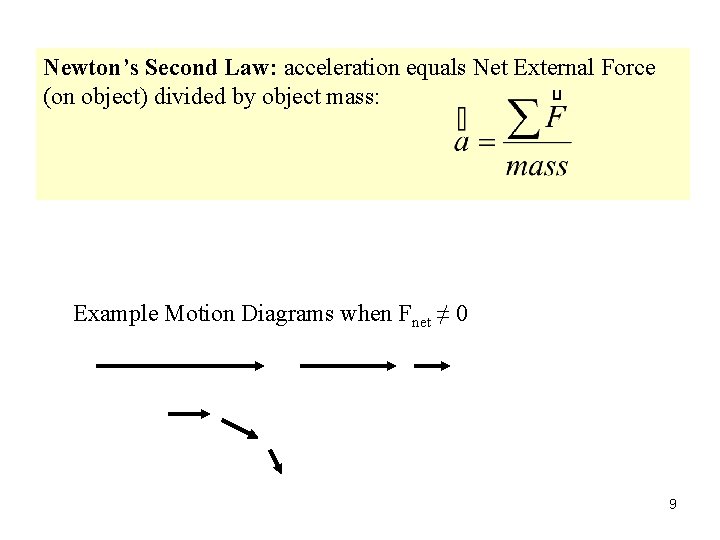 Newton’s Second Law: acceleration equals Net External Force (on object) divided by object mass: