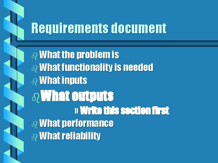 Requirements document b What the problem is b What functionality is needed b What