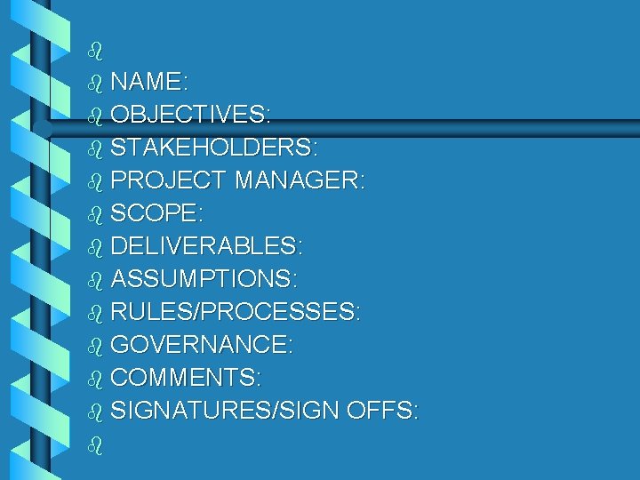 b b NAME: b OBJECTIVES: b STAKEHOLDERS: b PROJECT MANAGER: b SCOPE: b DELIVERABLES: