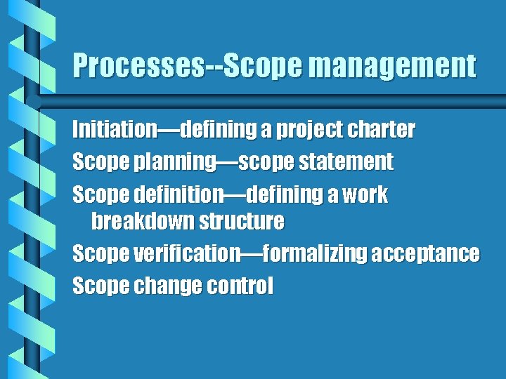 Processes--Scope management Initiation—defining a project charter Scope planning—scope statement Scope definition—defining a work breakdown