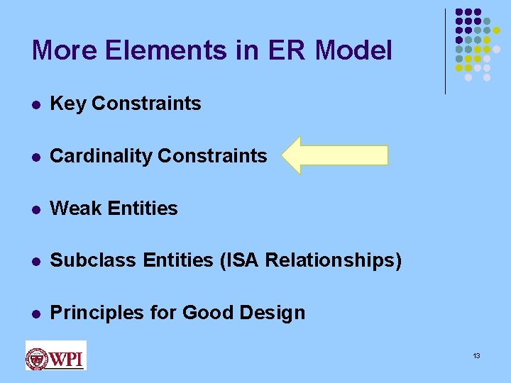 More Elements in ER Model l Key Constraints l Cardinality Constraints l Weak Entities