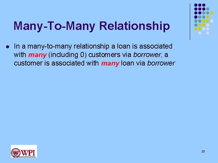 Many-To-Many Relationship l In a many-to-many relationship a loan is associated with many (including