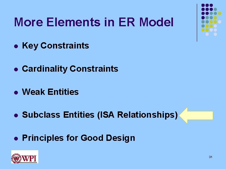 More Elements in ER Model l Key Constraints l Cardinality Constraints l Weak Entities