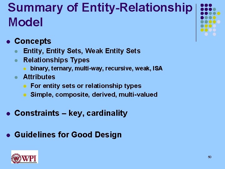 Summary of Entity-Relationship Model l Concepts l l Entity, Entity Sets, Weak Entity Sets