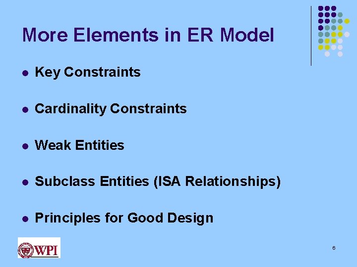 More Elements in ER Model l Key Constraints l Cardinality Constraints l Weak Entities