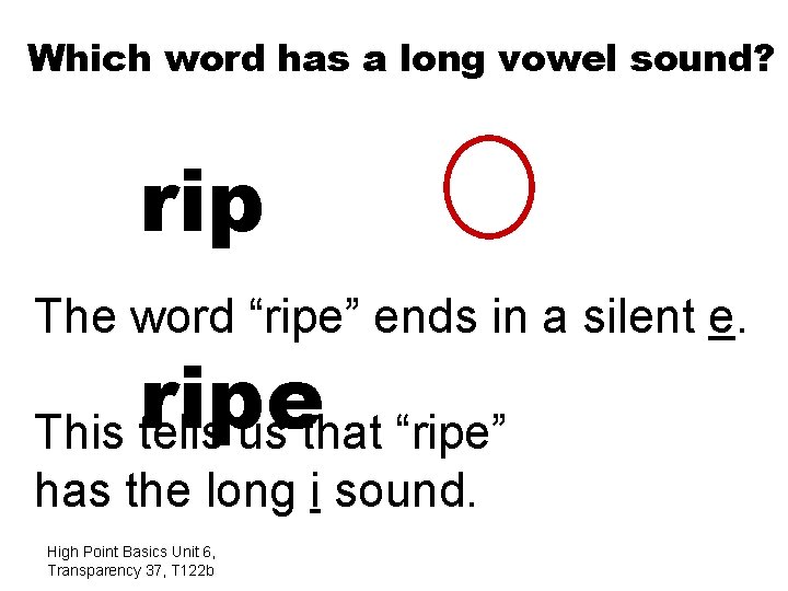 Which word has a long vowel sound? rip The word “ripe” ends in a