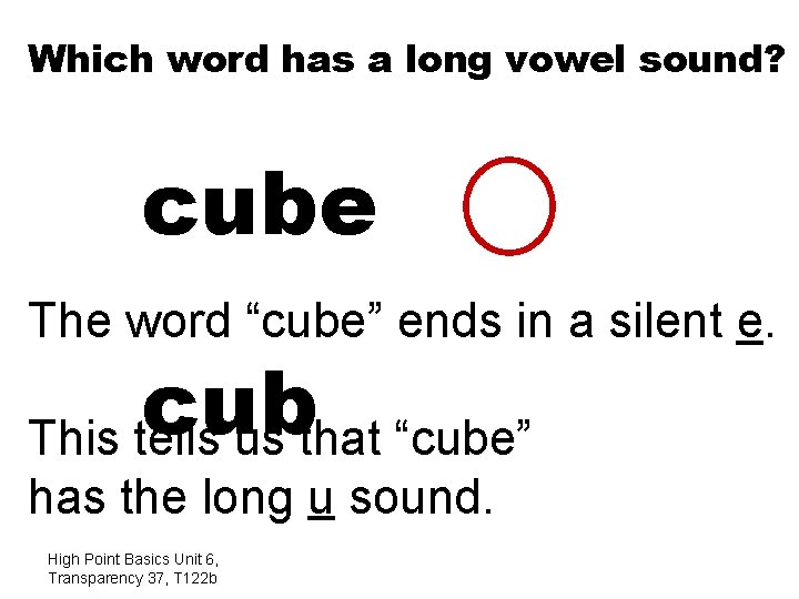 Which word has a long vowel sound? cube The word “cube” ends in a
