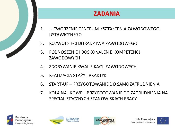 ZADANIA 1. UTWORZENIE CENTRUM KSZTAŁCENIA ZAWODOWEGO I USTAWICZNEGO 2. ROZWÓJ SIECI DORADZTWA ZAWODOWEGO 3.