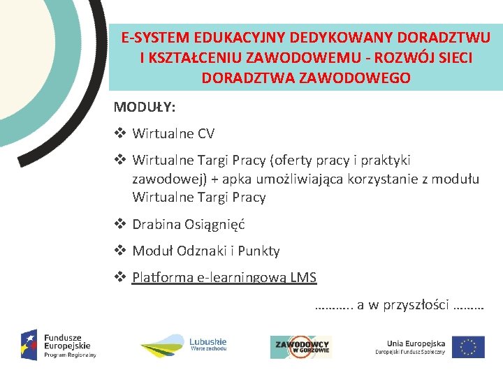 E SYSTEM EDUKACYJNY DEDYKOWANY DORADZTWU I KSZTAŁCENIU ZAWODOWEMU ROZWÓJ SIECI DORADZTWA ZAWODOWEGO MODUŁY: v