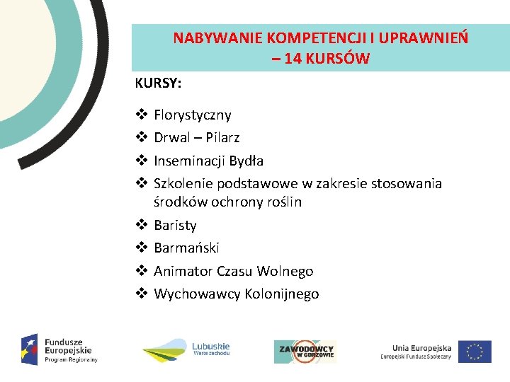 NABYWANIE KOMPETENCJI I UPRAWNIEŃ – 14 KURSÓW KURSY: v v v v Florystyczny Drwal