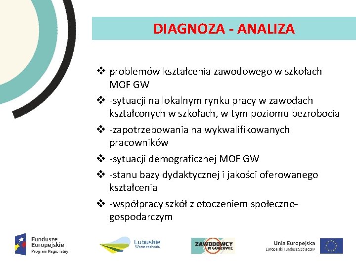 DIAGNOZA ANALIZA v problemów kształcenia zawodowego w szkołach v v v MOF GW sytuacji