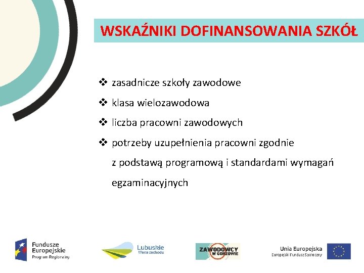 WSKAŹNIKI DOFINANSOWANIA SZKÓŁ v zasadnicze szkoły zawodowe v klasa wielozawodowa v liczba pracowni zawodowych