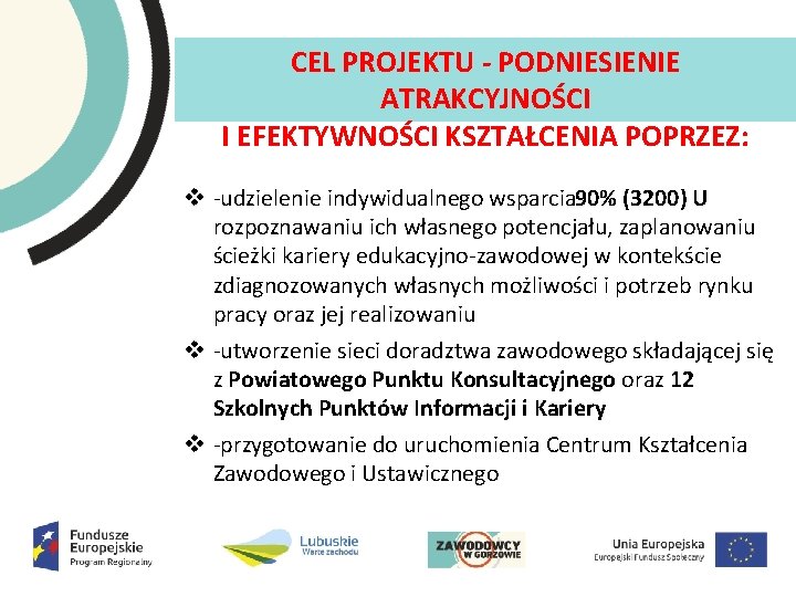 CEL PROJEKTU PODNIESIENIE ATRAKCYJNOŚCI I EFEKTYWNOŚCI KSZTAŁCENIA POPRZEZ: v udzielenie indywidualnego wsparcia 90% (3200) CEL PROJEKTU PODNIESIENIE ATRAKCYJNOŚCI I EFEKTYWNOŚCI KSZTAŁCENIA POPRZEZ: v udzielenie indywidualnego wsparcia 90% (3200)