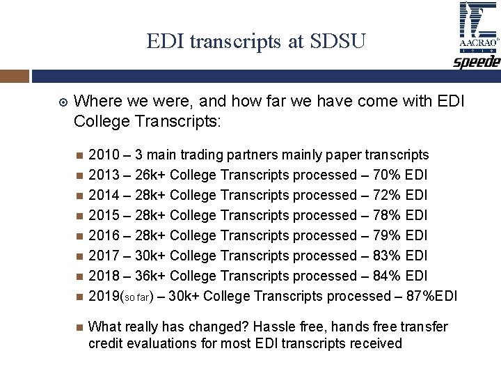 EDI transcripts at SDSU Where we were, and how far we have come with EDI transcripts at SDSU Where we were, and how far we have come with