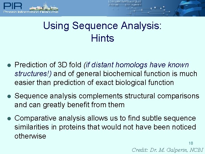 Using Sequence Analysis: Hints l Prediction of 3 D fold (if distant homologs have