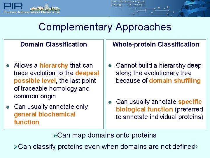 Complementary Approaches Whole-protein Classification Domain Classification l l Allows a hierarchy that can trace